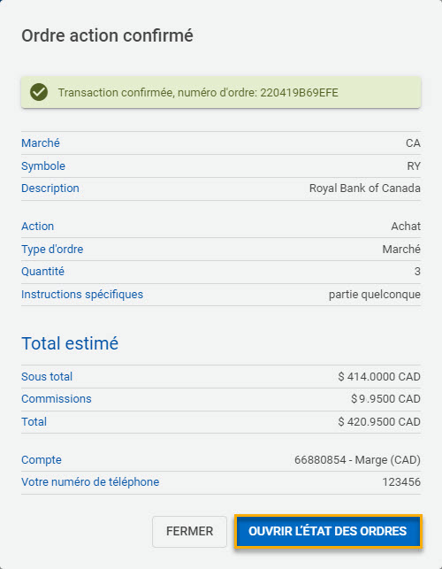 Message de confirmation de l’entrée de l’ordre